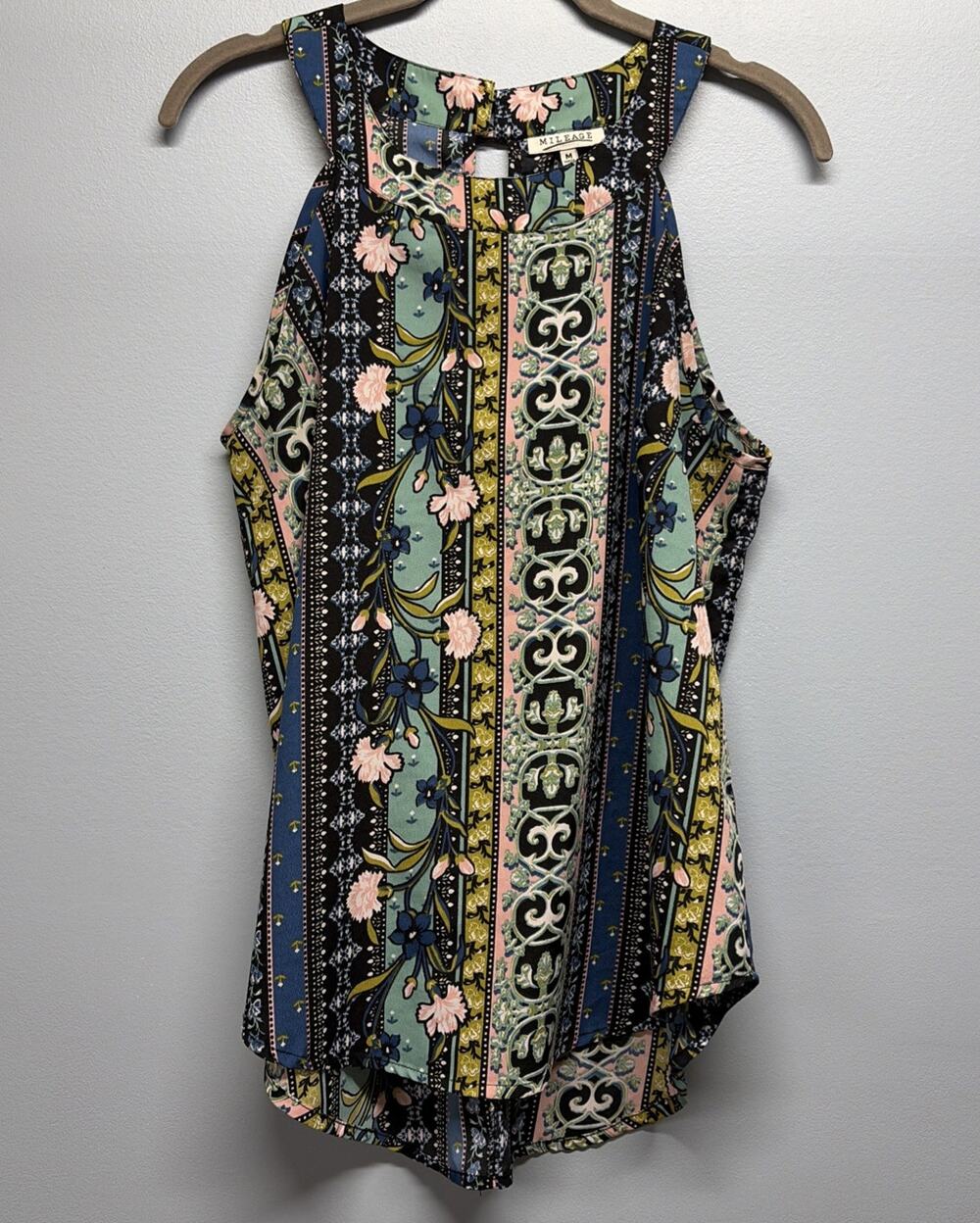 MILEAGE Sleeveless Blouse - Colorful Floral/GeoPrint Keyhole Neck - Size Medium
